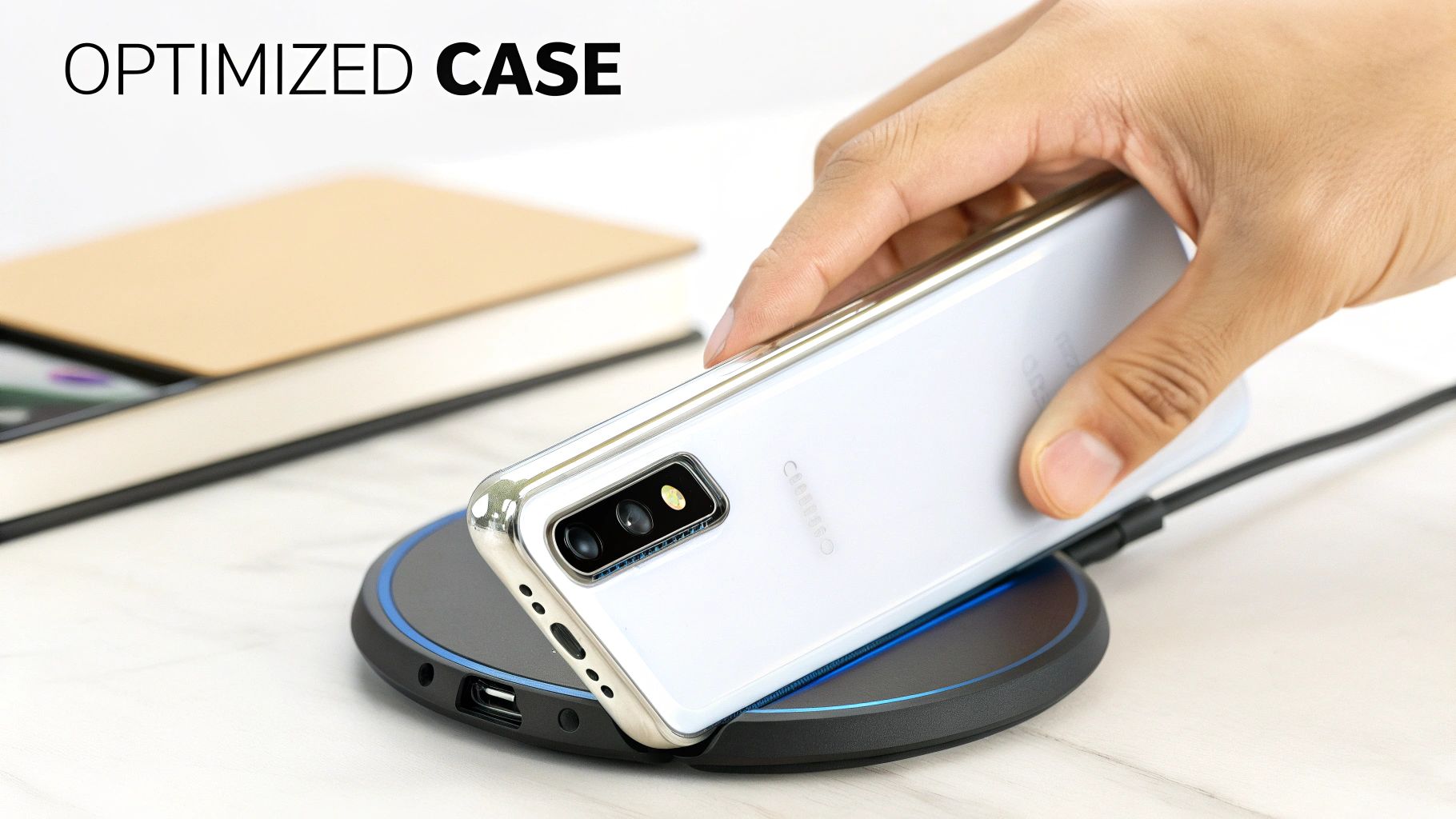 A hand places a white Samsung Galaxy smartphone in a clear case onto a black wireless charging pad.