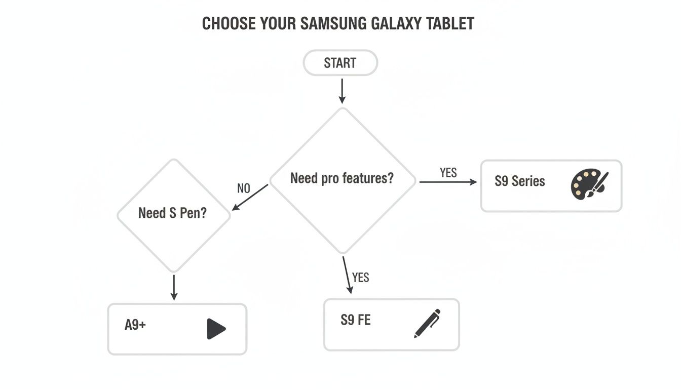 Flowchart guiding users to choose a Samsung Galaxy tablet based on pro features and S Pen need.