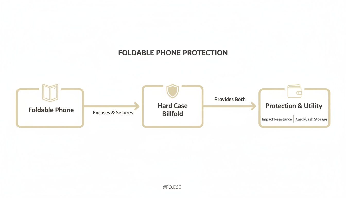 Flowchart illustrating how a hard case billfold provides protection and utility for foldable phones, including card storage.