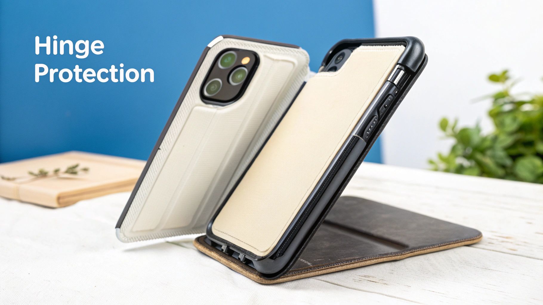 Close-up of two rugged phone cases, a beige one and a dark folio, emphasizing hinge protection.