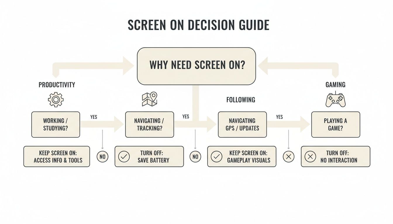 A decision guide flowchart titled 'Screen On Decision Guide' about when to keep a screen on for various activities.