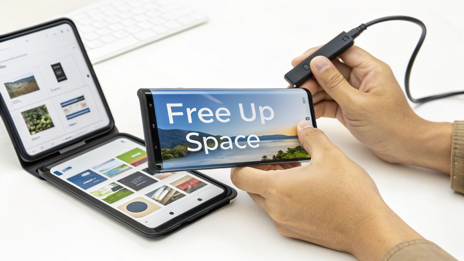 A person holds a smartphone showing 'Free Up Space' with a USB device, next to a dual-screen phone.