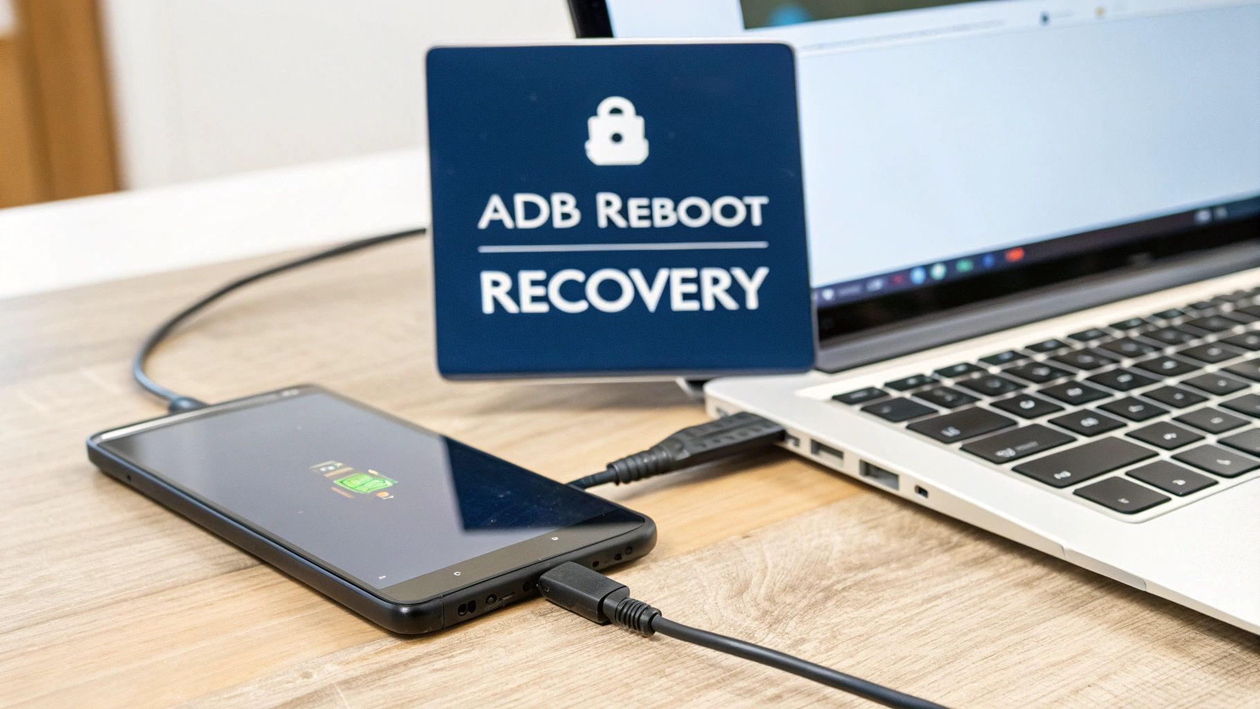 A smartphone connected to a laptop via USB cable, displaying a charging icon, with an 'ADB REBOOT RECOVERY' sign.