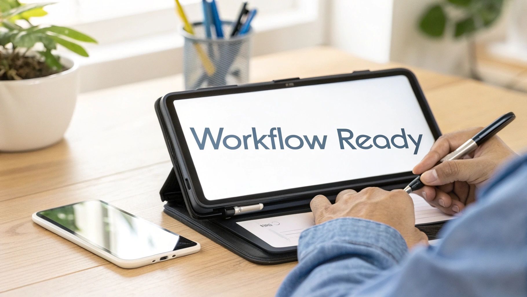 Person writing with a pen, next to a tablet displaying 'Workflow Ready' and a smartphone on a desk.