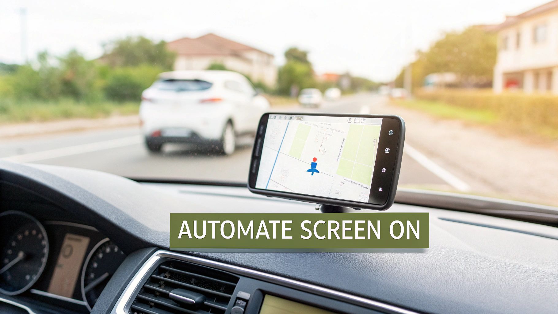 A smartphone with a navigation app is mounted on a car dashboard, displaying a map on a road.