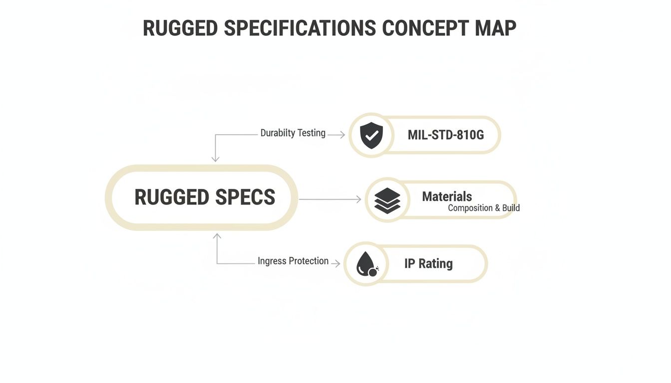 A concept map illustrating rugged specifications for foldable phones, including durability testing (MIL-STD-810G), materials, ingress protection (IP Rating) and dedicated hinge protection.