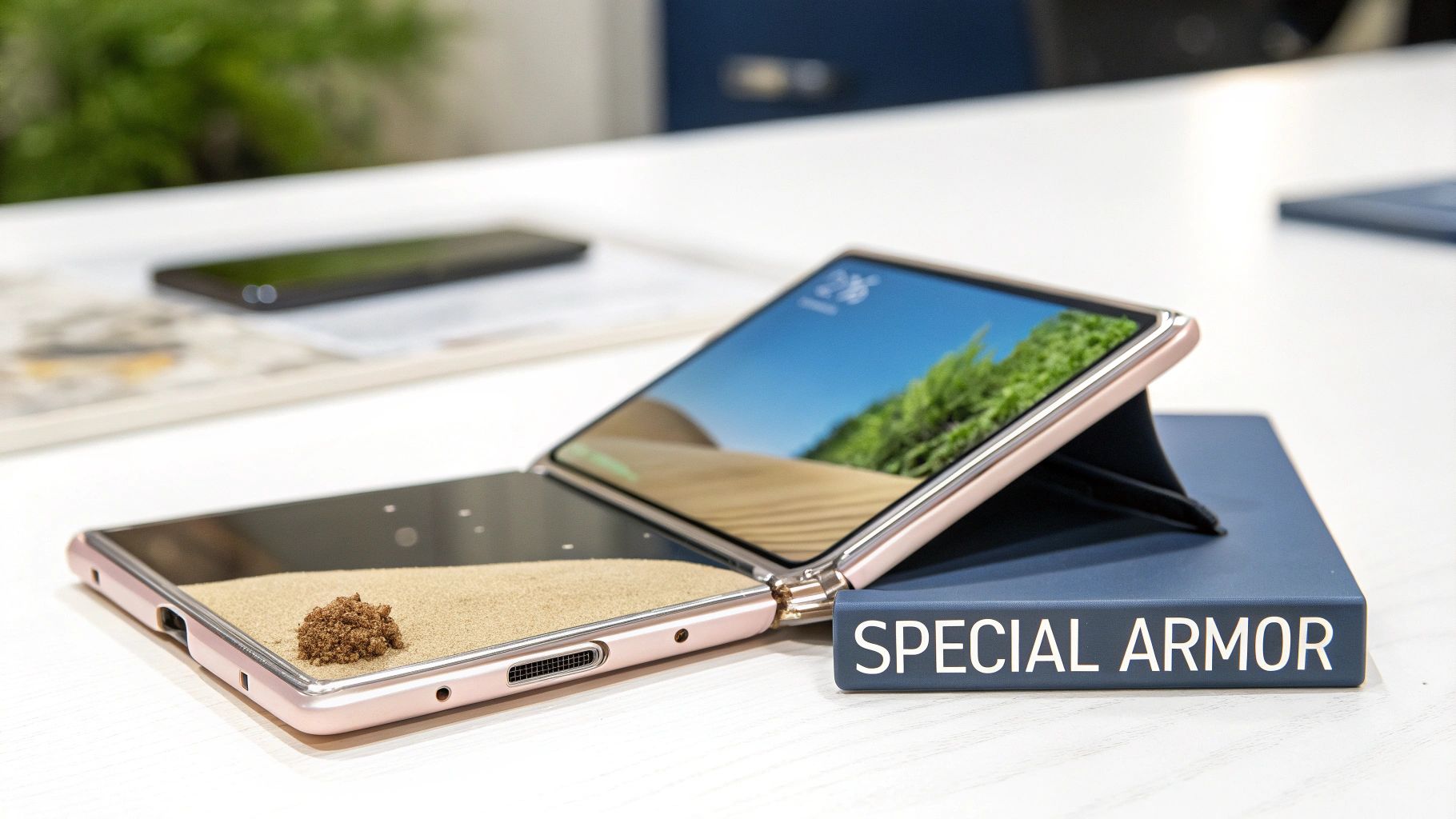 A partially folded smartphone with sand on one screen and a desert landscape on a rugged background, promoting ruggedness.