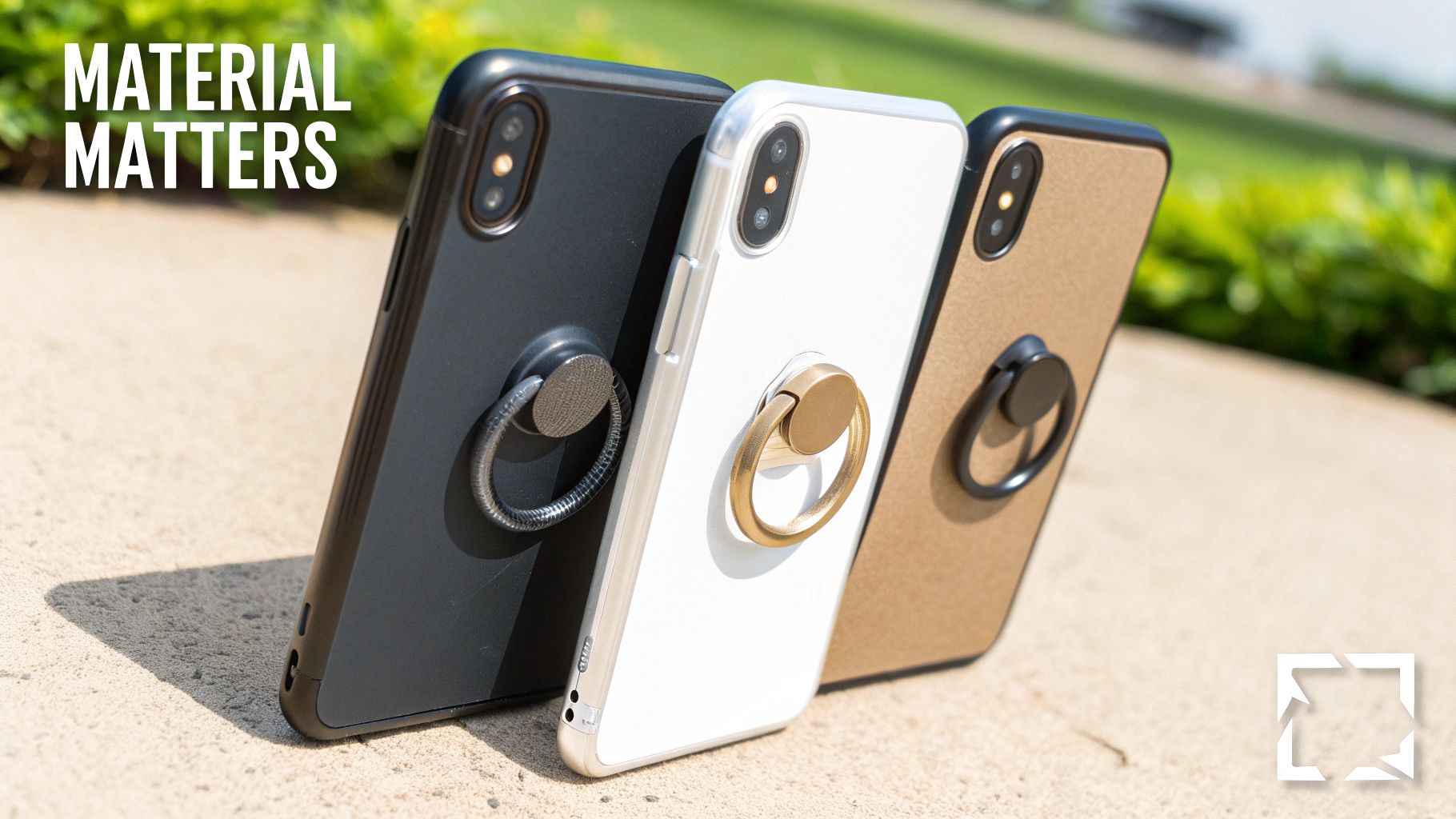 A trio of smartphones in black, white, and tan, each featuring a metallic phone ring kickstand.