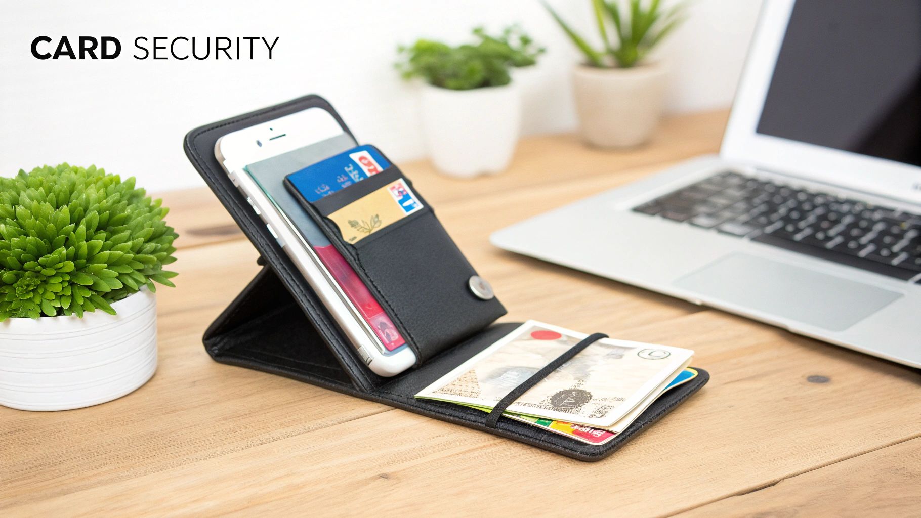 Black leather phone case wallet holding a smartphone, credit cards, and cash on a wooden desk.