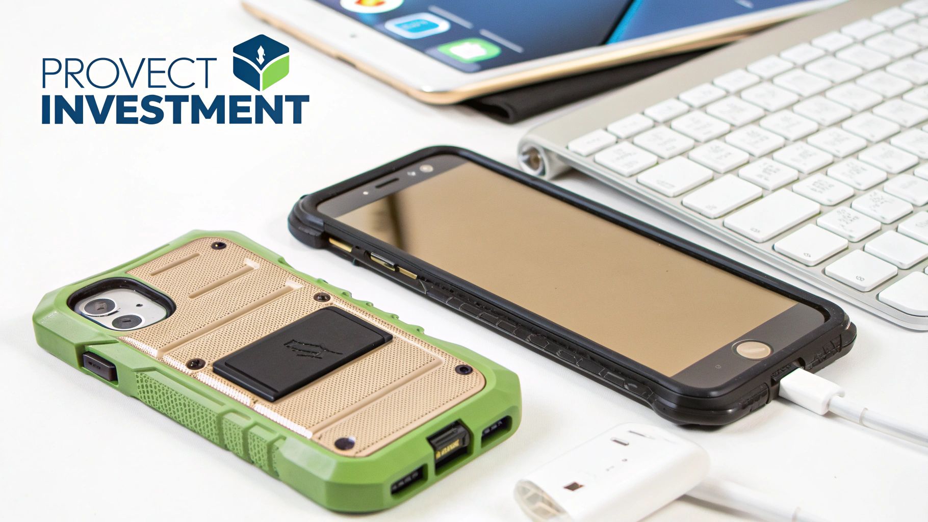 Multiple smartphones, a tablet, and a keyboard, showcasing business electronics and a company logo.