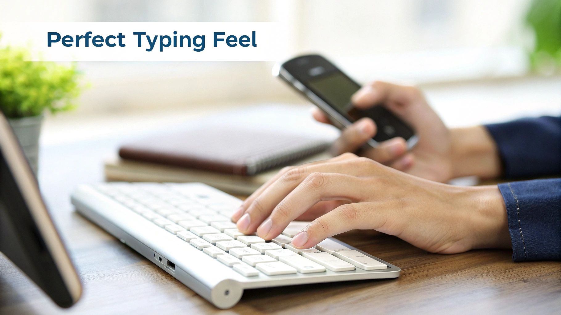 Hands typing on a sleek, silver wireless keyboard and holding a smartphone on a desk.