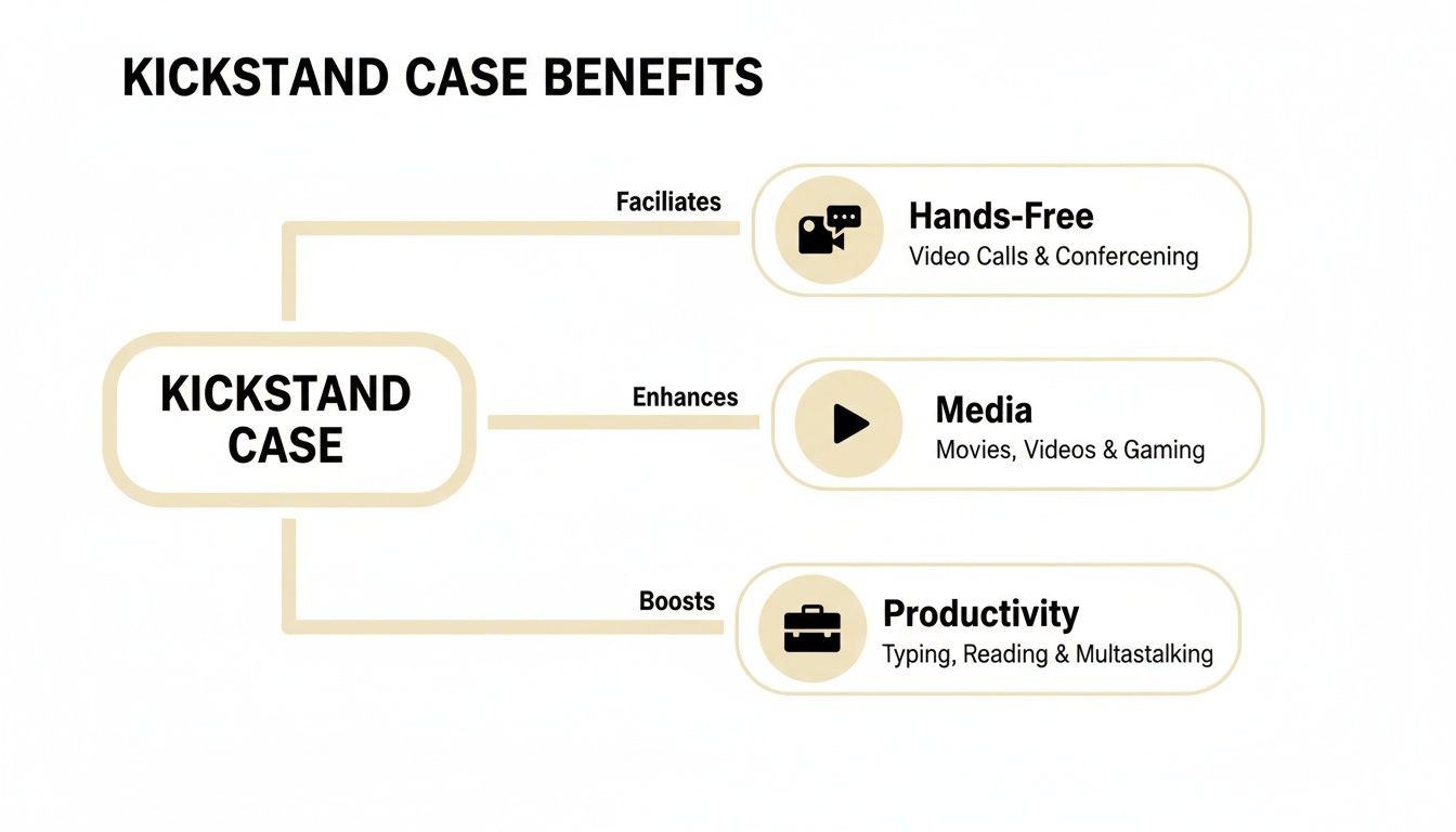 Flowchart illustrating kickstand case benefits for hands-free calls, media consumption, and productivity.