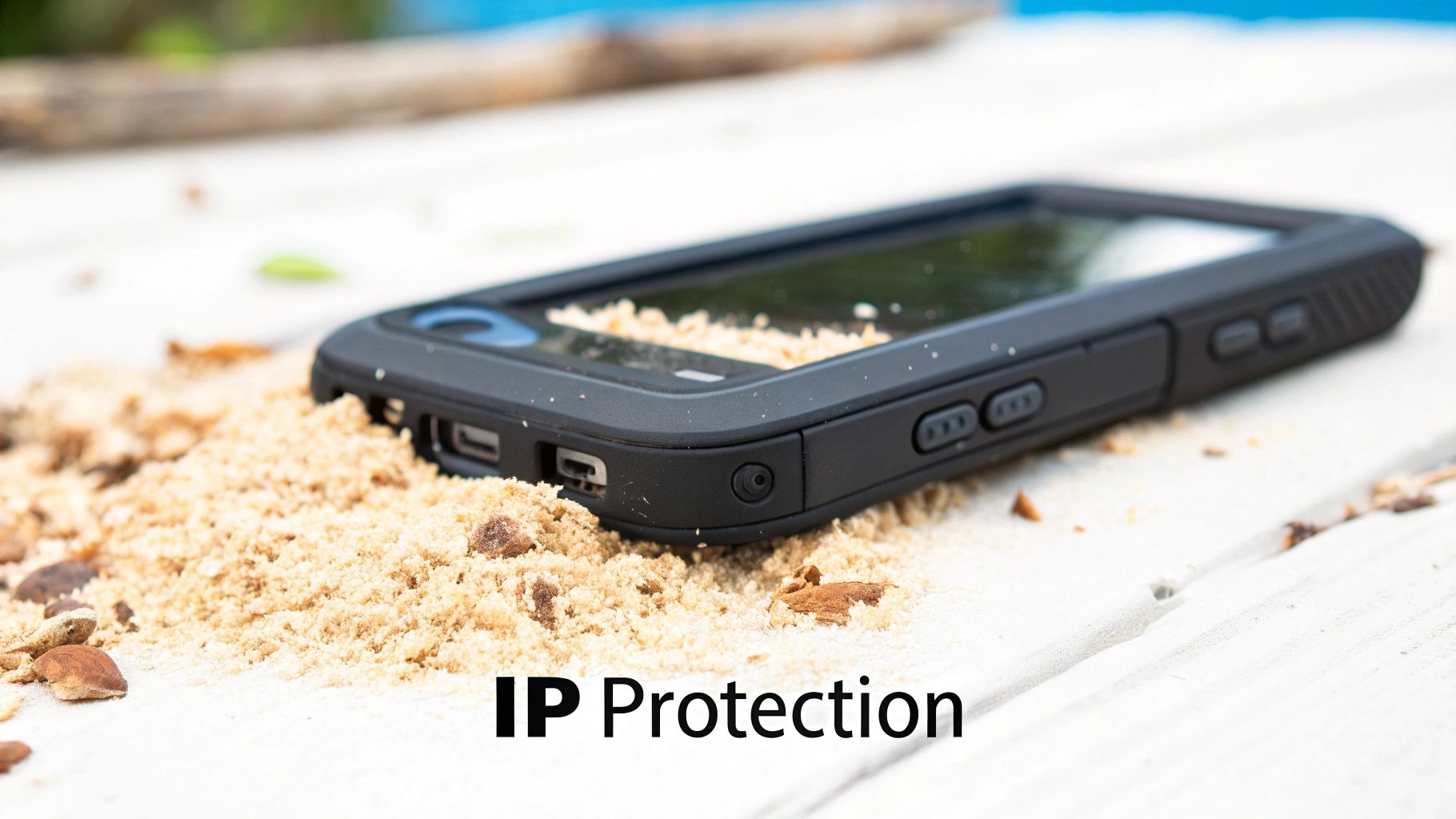 A black rugged smartphone case partially covered in sand and debris, symbolizing IP protection.
