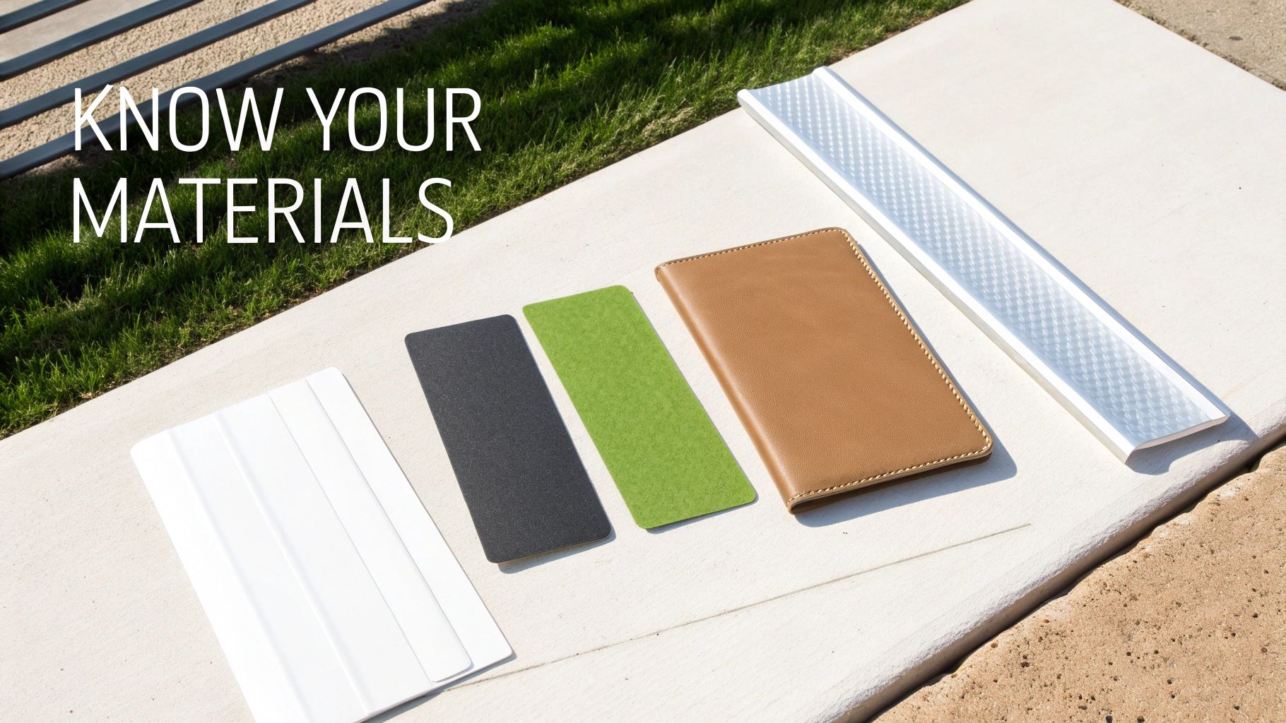Various material samples including white plastic, black textured, green felt, brown leather, and patterned metal.