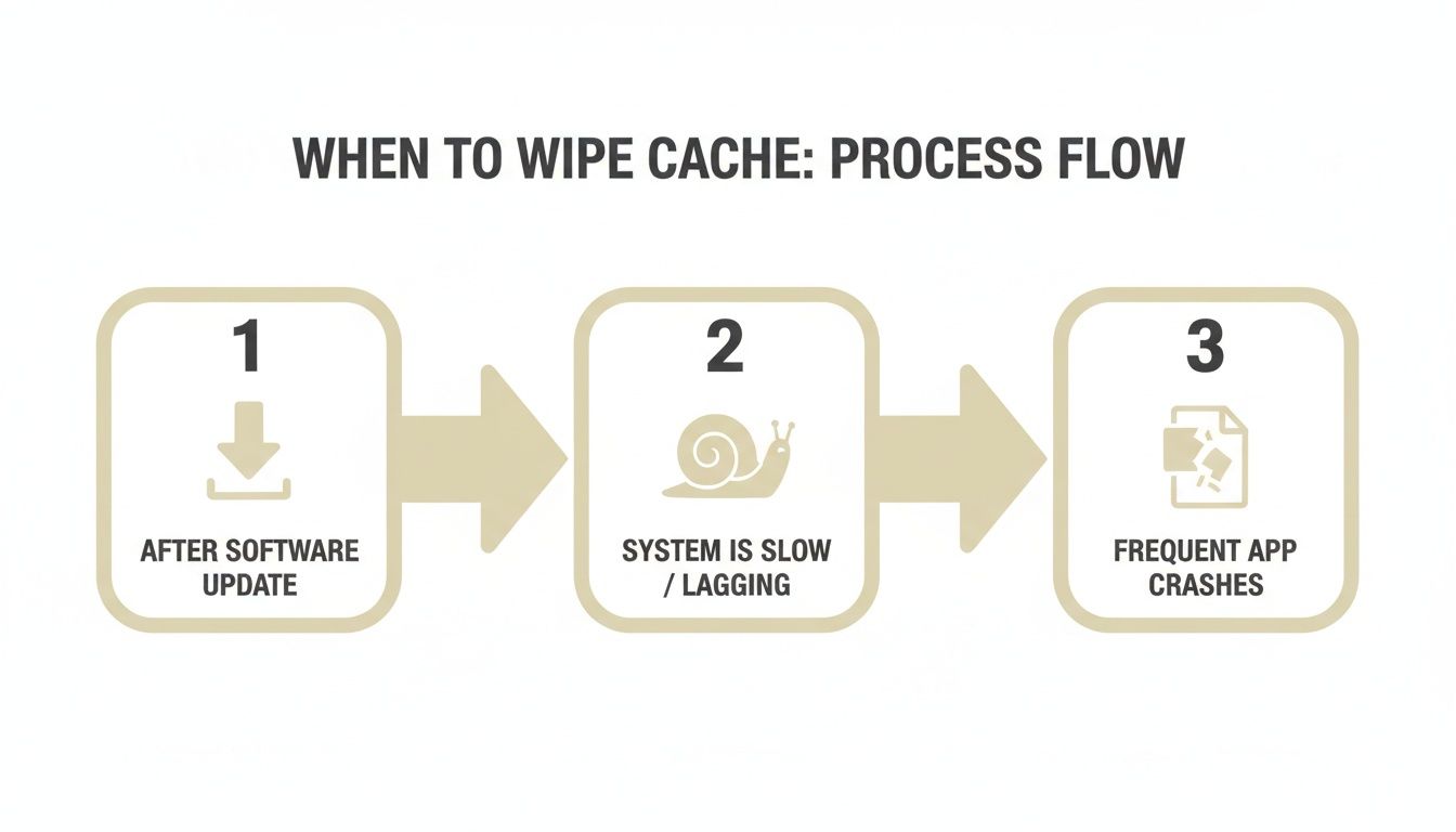 Process flow diagram detailing when to wipe cache: after software updates, system slowness, or app crashes.