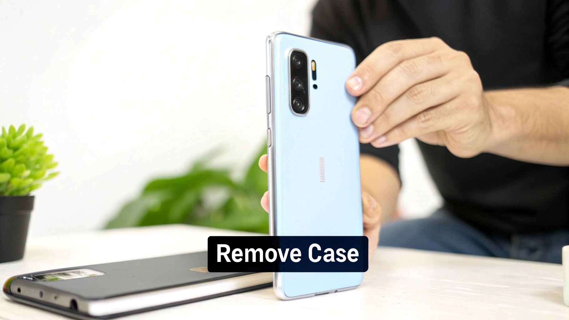 A person's hands holding a light blue smartphone with a clear case, preparing to remove it from the device.