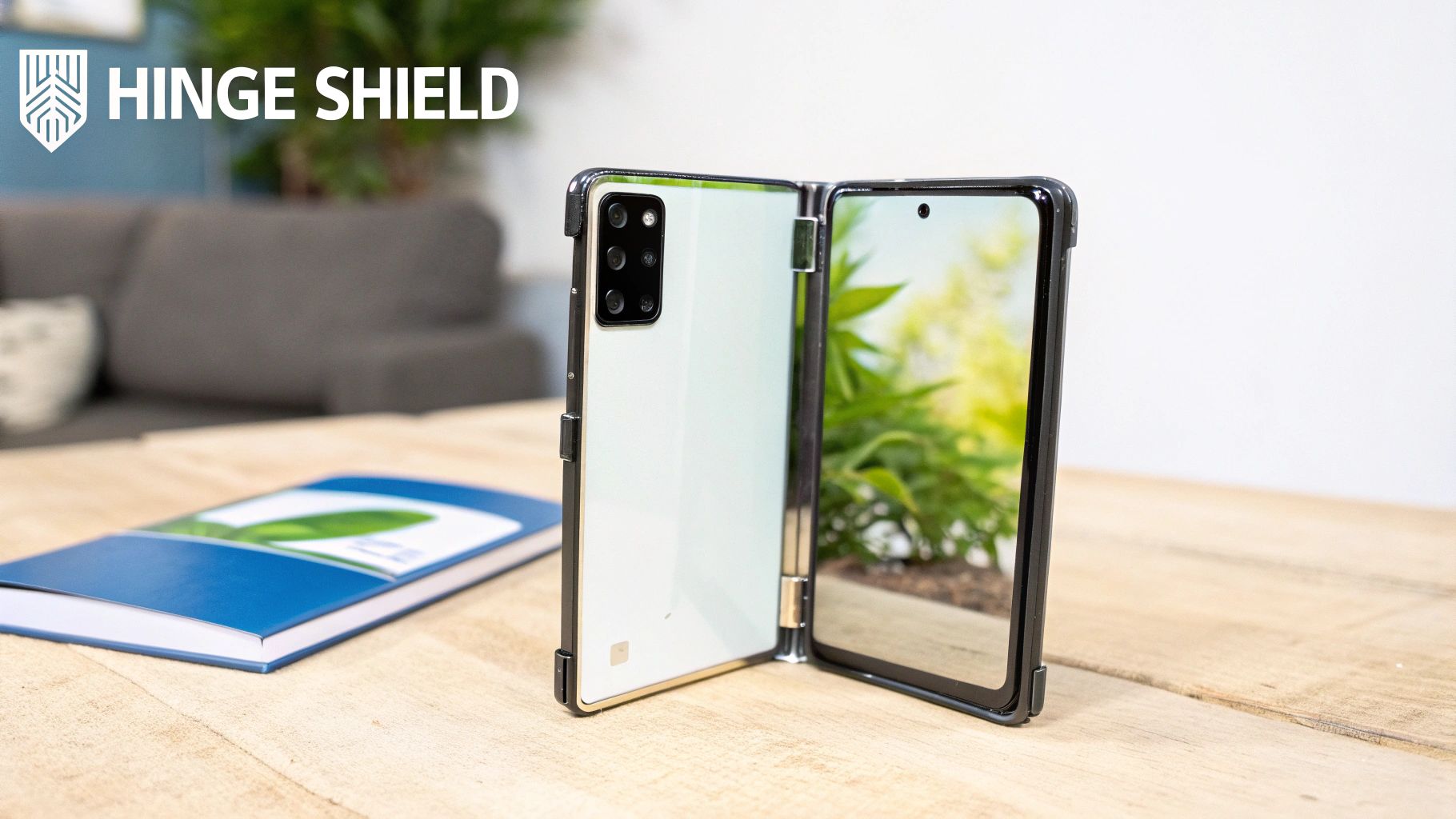 White foldable phone in a black protective Hinge Shield case stands open on a wooden table.