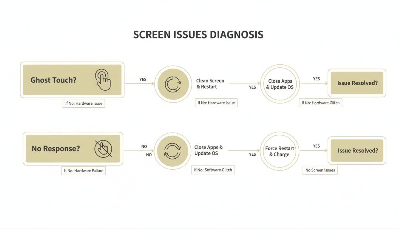 Flowchart showing diagnosis steps for screen issues like ghost touch and no response.