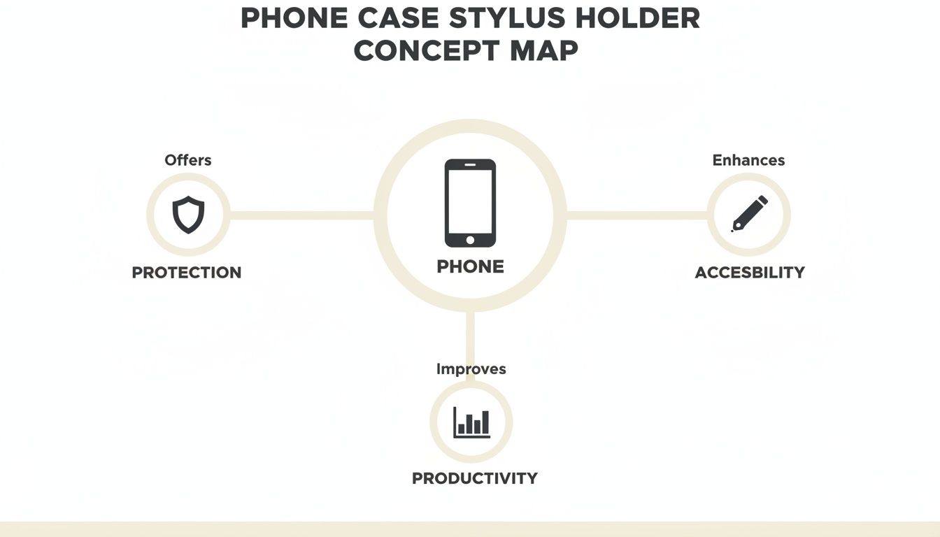 A concept map illustrating the benefits of a phone case stylus holder: protection, accessibility, and productivity.