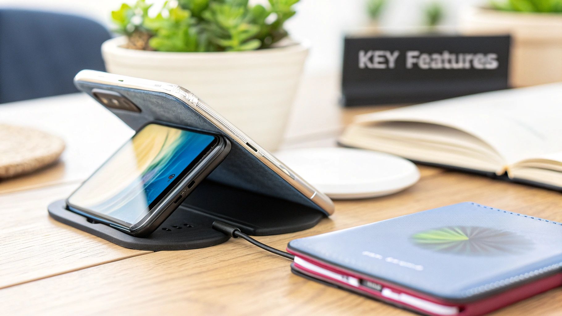 Smartphone in a blue stand-up case charging on a wooden desk with a notebook.