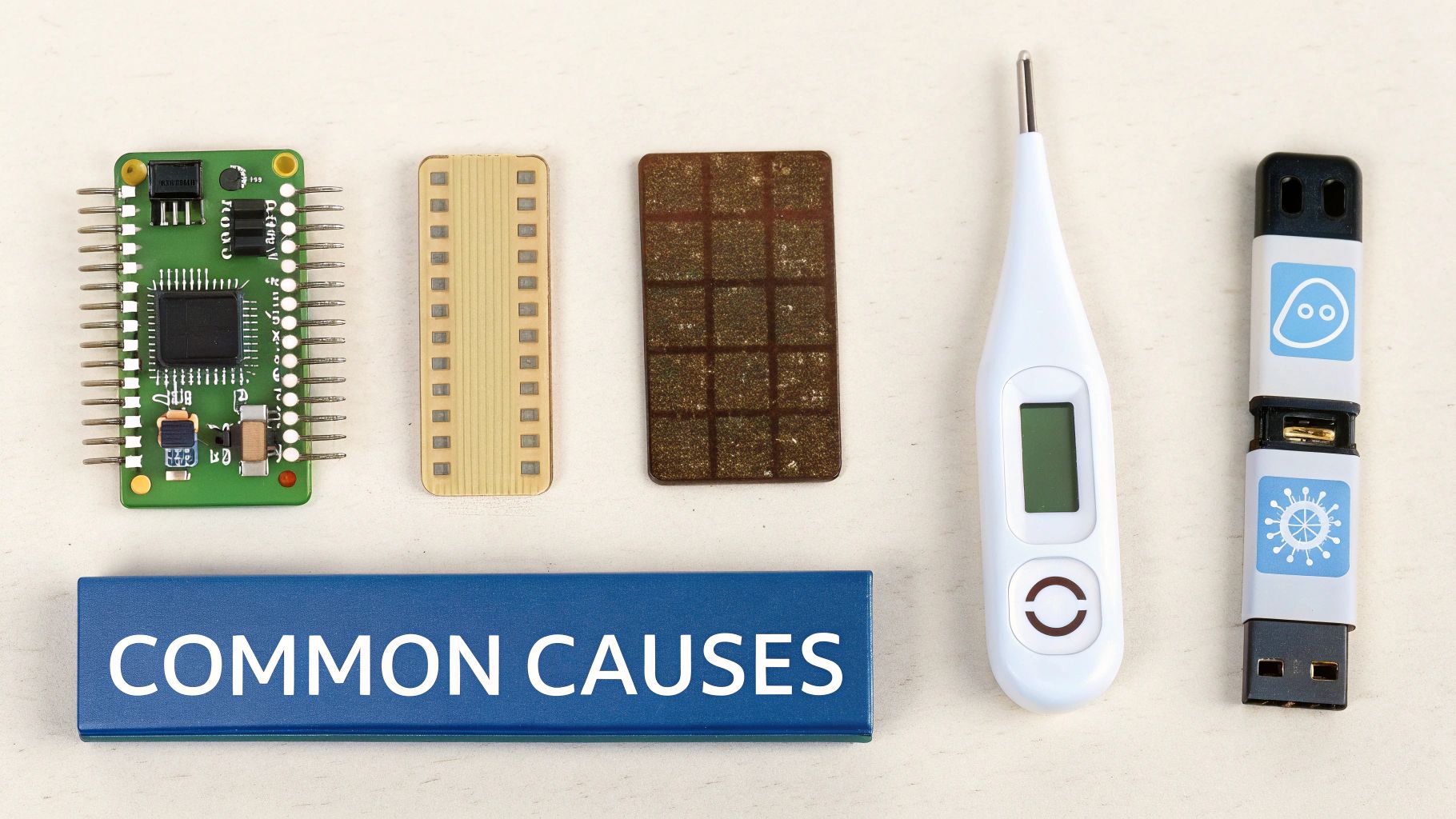 Various objects, including a circuit board, thermometer, and USB drive, lie next to a 'COMMON CAUSES' sign.