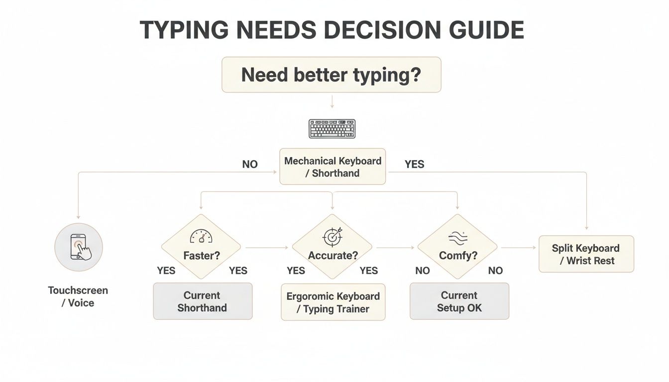 A flowchart decision guide for typing needs, offering solutions based on speed, accuracy, and comfort.