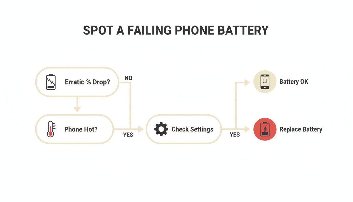 Flowchart demonstrating steps to identify and replace a failing phone battery based on symptoms.