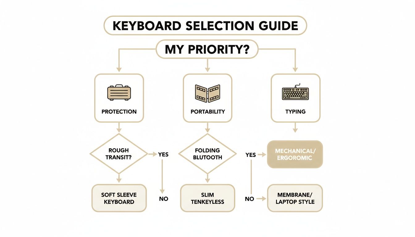 A flowchart for selecting a keyboard based on user priorities like protection, portability, or typing.