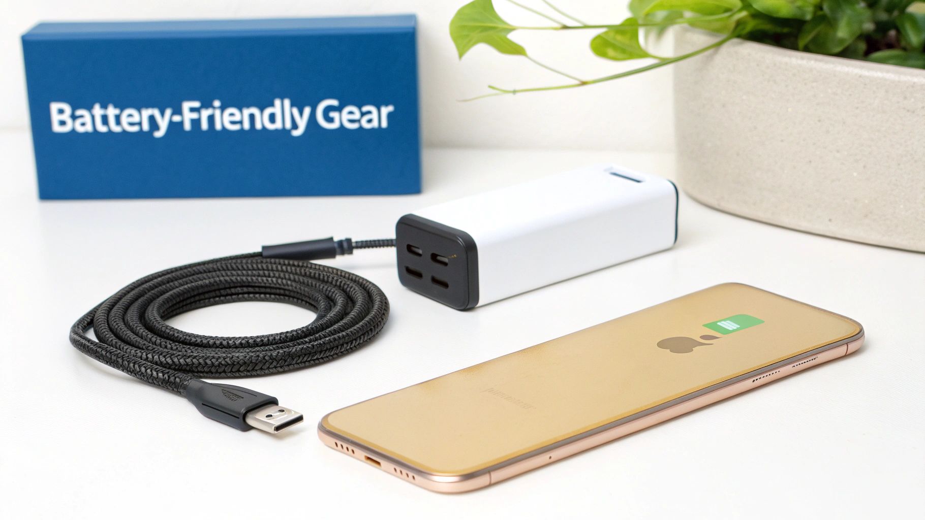 A collection of battery-friendly gear, including a power bank, charging cable, and a gold iPhone.