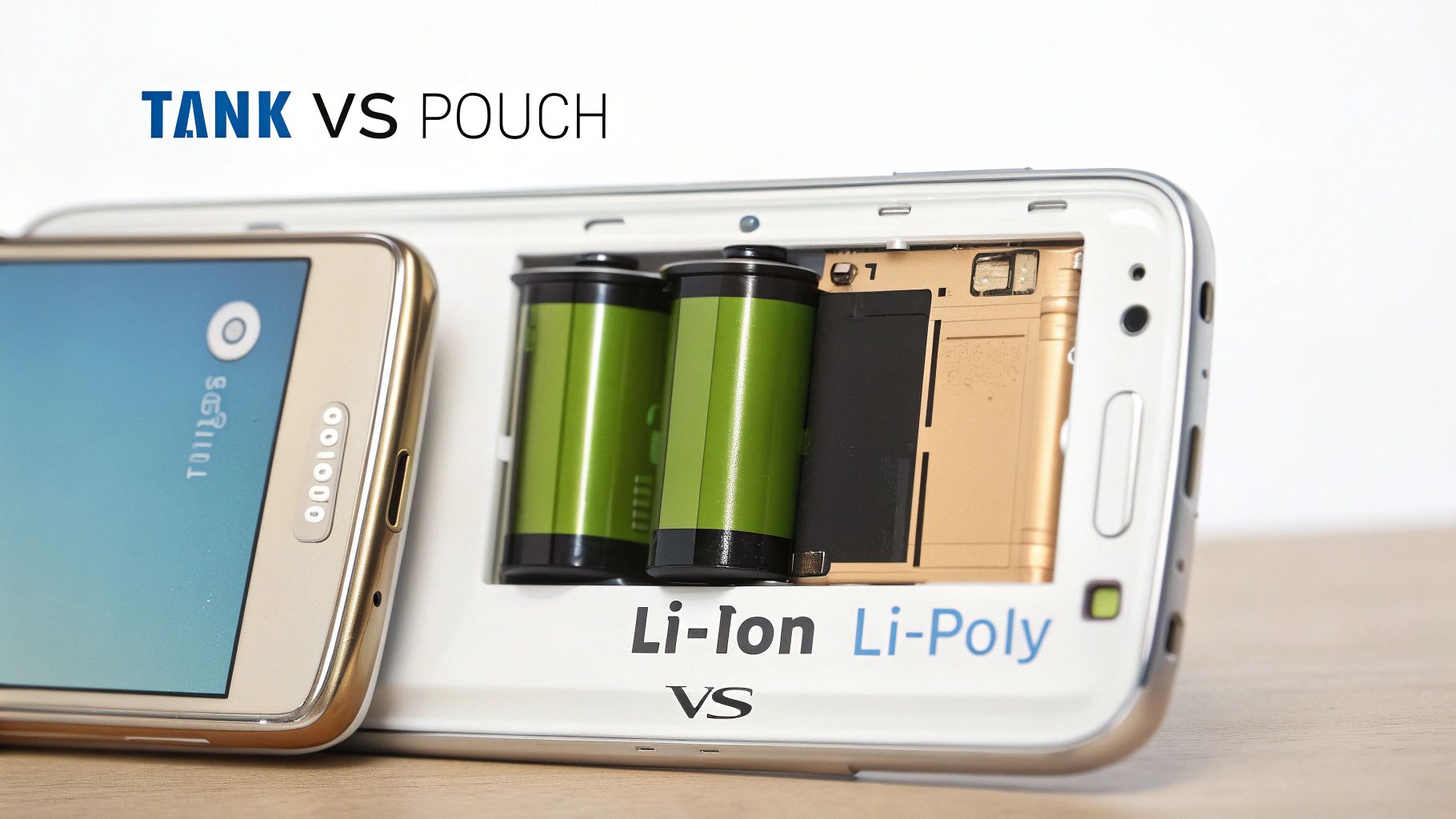 Two smartphones, one open revealing cylindrical Li-ion batteries and a flat Li-Poly battery.
