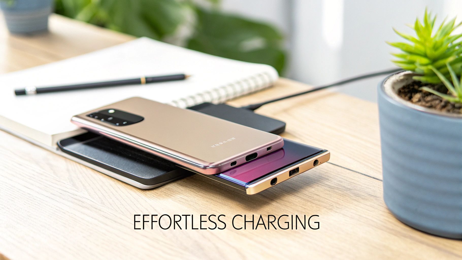 Two smartphones, one rose gold and one dark, wirelessly charging on a wooden desk next to a notebook and plant.