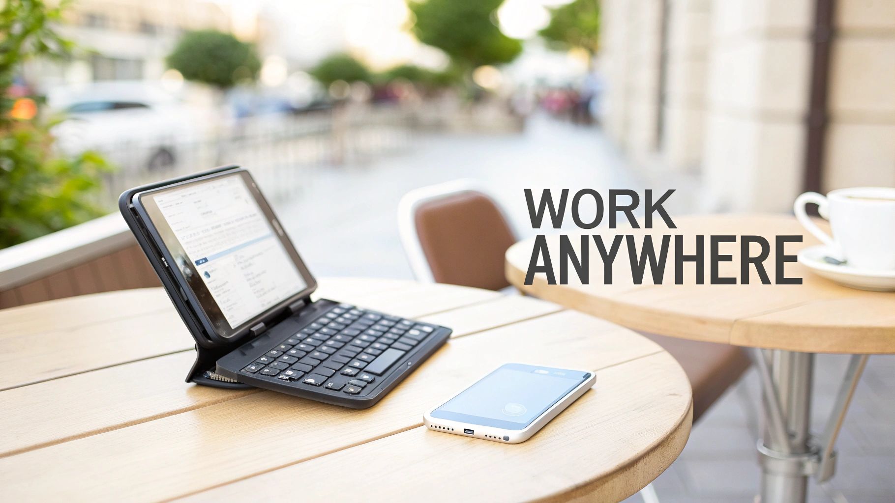 An outdoor cafe scene with a tablet, keyboard, smartphone, and coffee cup, illustrating remote work.
