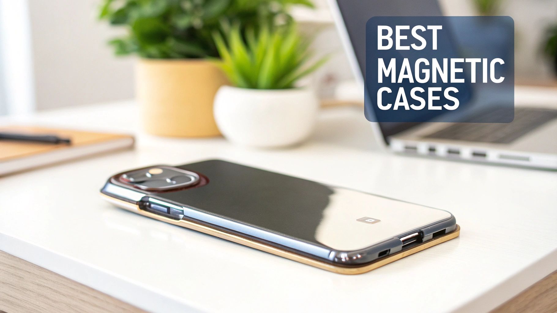 A phone with a clear magnetic case and wooden trim on a white desk with plants and a laptop.