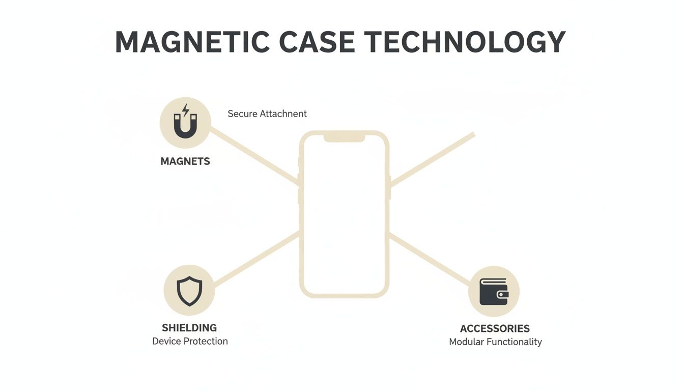 Infographic showing magnetic phone case technology benefits: secure attachment, device protection, and modular functionality.