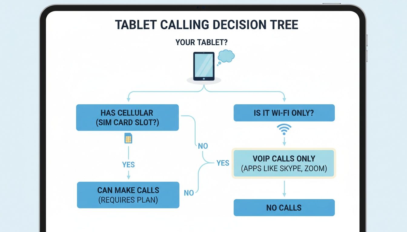 A tablet calling decision tree flowchart detailing whether a tablet can make calls based on cellular or Wi-Fi connectivity.