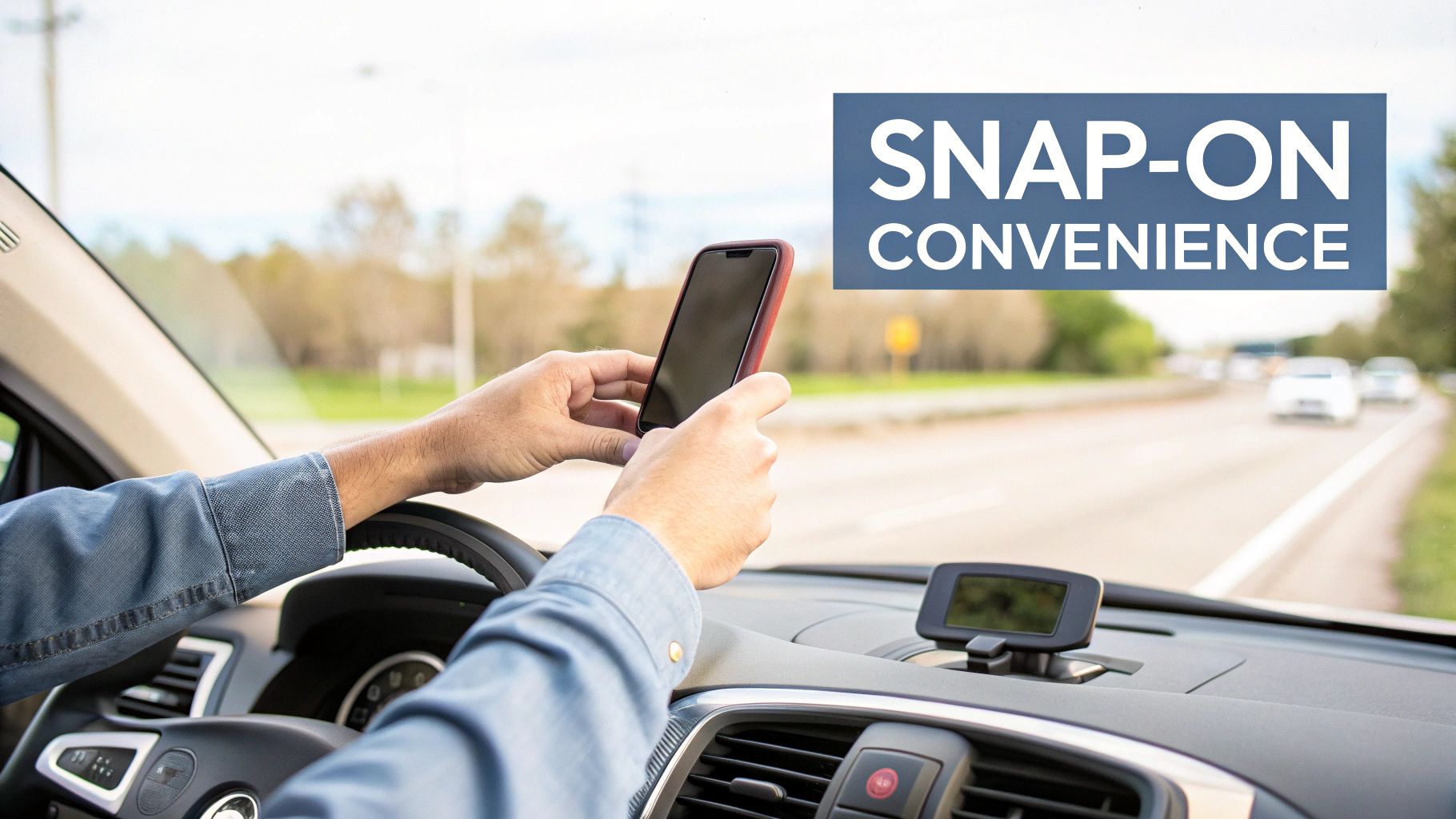 Driver's hands holding a smartphone in a car, with a magnetic phone mount on the dashboard.