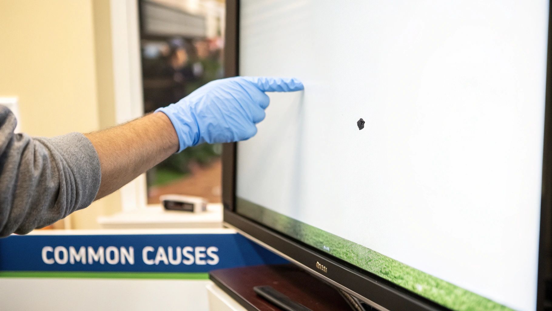 A person in a blue glove points at a dark pixel spot on a white TV screen, highlighting a common cause.