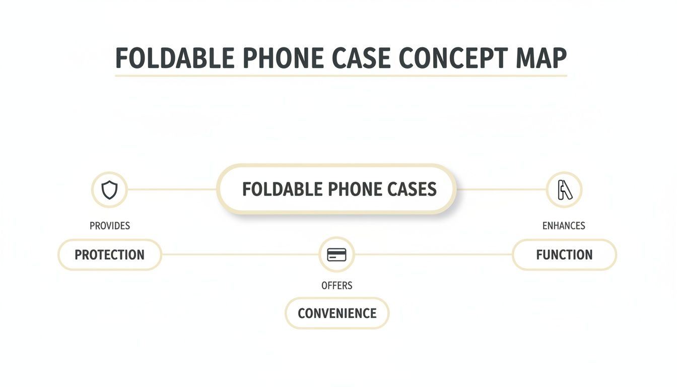 A concept map illustrating foldable phone case benefits: protection, convenience, and enhanced function.