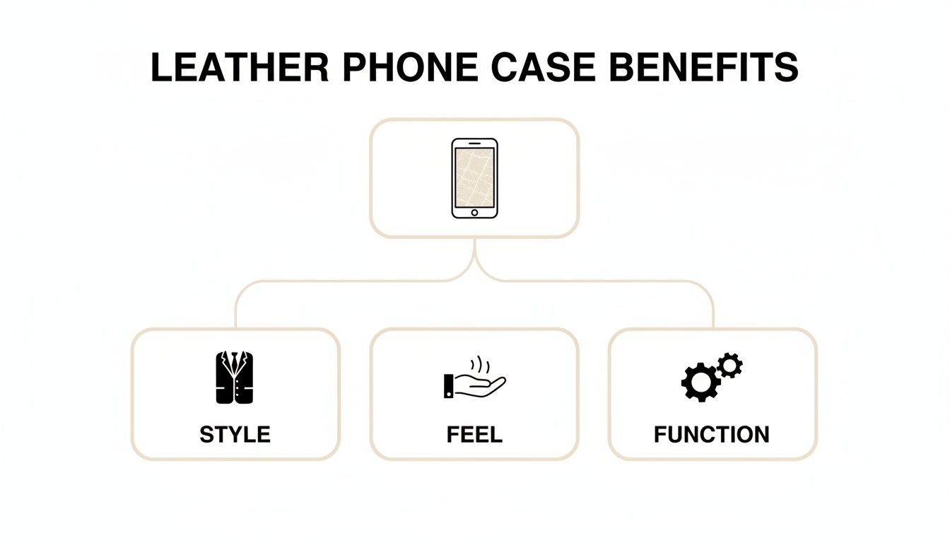 A diagram outlining the key benefits of leather phone cases: style, feel, and function.