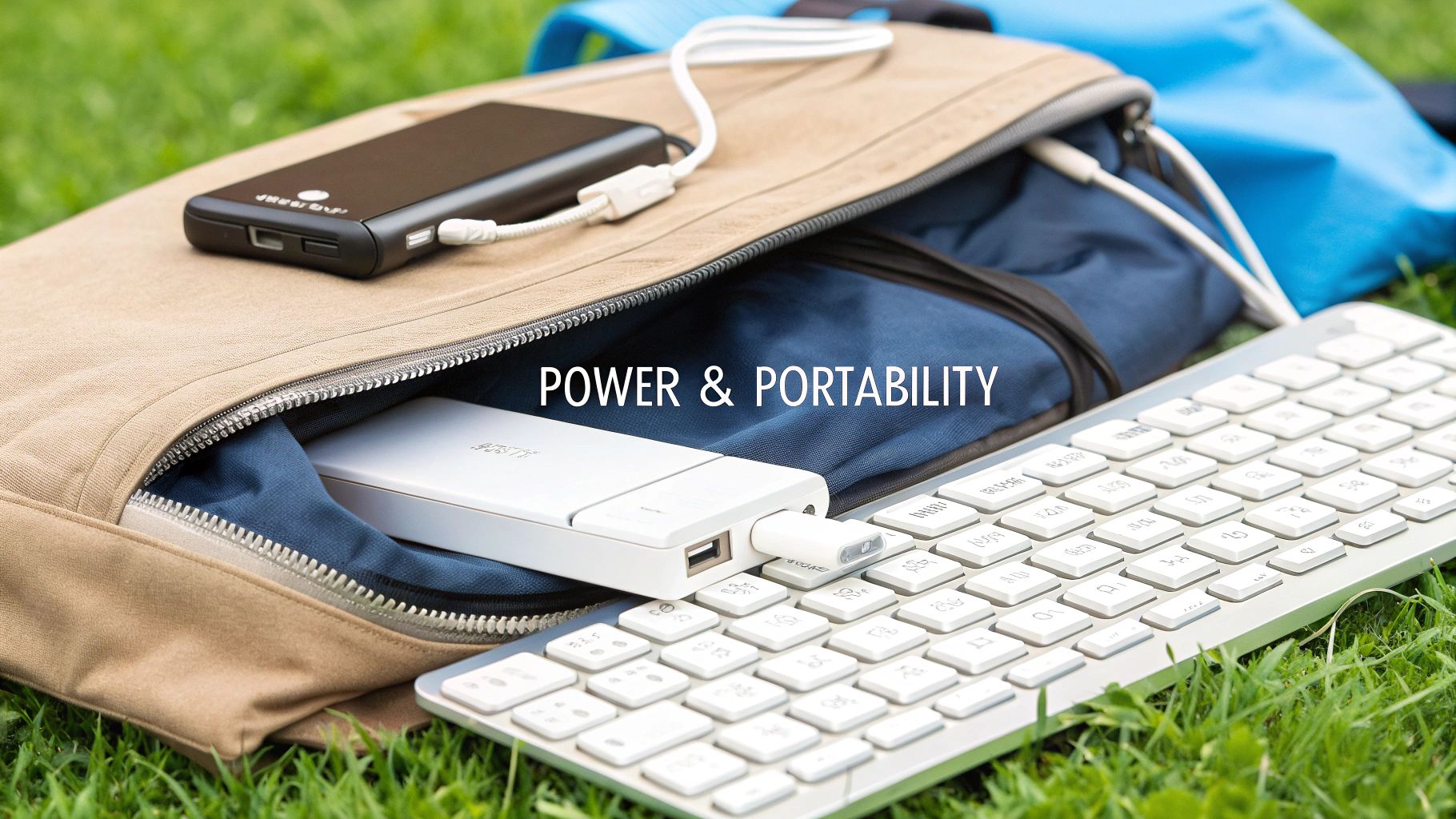 Portable power setup with power banks, an open bag, and a wireless keyboard on green grass.