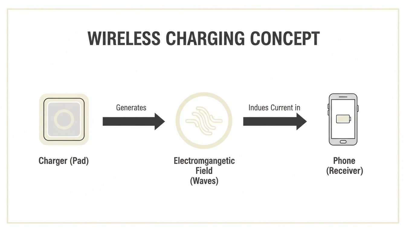A diagram illustrates the wireless charging concept, showing a charger generating an electromagnetic field that induces current in a phone.