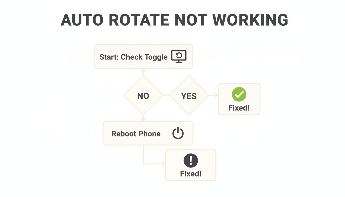 A troubleshooting flowchart for auto rotate not working, guiding users to check toggle and reboot phone.