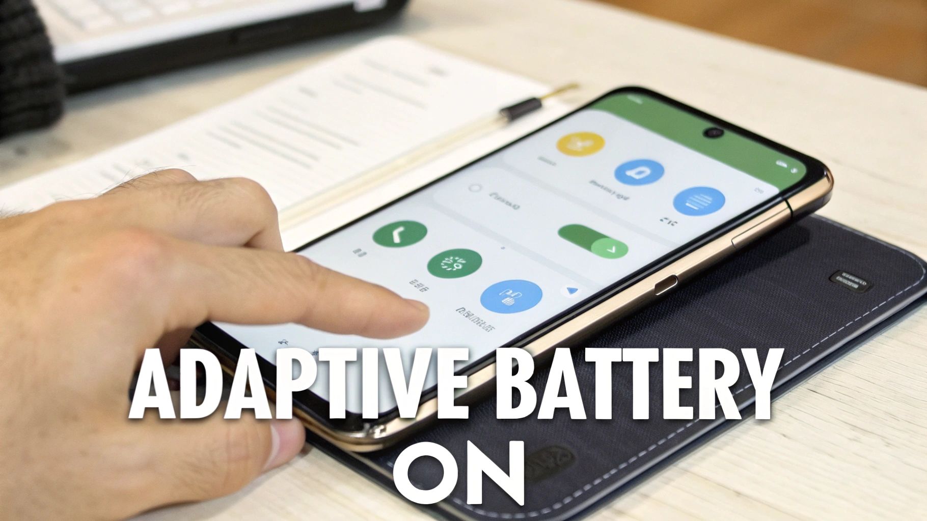 A hand interacts with a smartphone displaying battery settings, with 'ADAPTIVE BATTERY ON' text overlay.