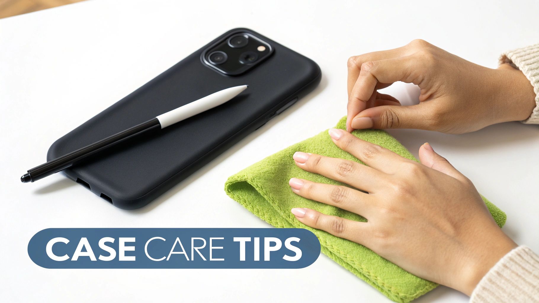 Hands cleaning a black smartphone case with a green microfiber cloth and a stylus.