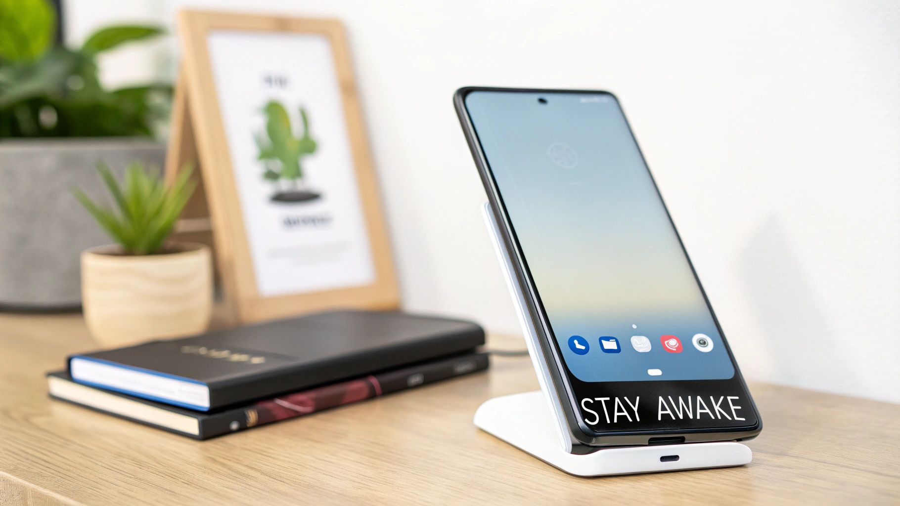 An Android phone on a white wireless charger displaying "STAY AWAKE" on a wooden desk.