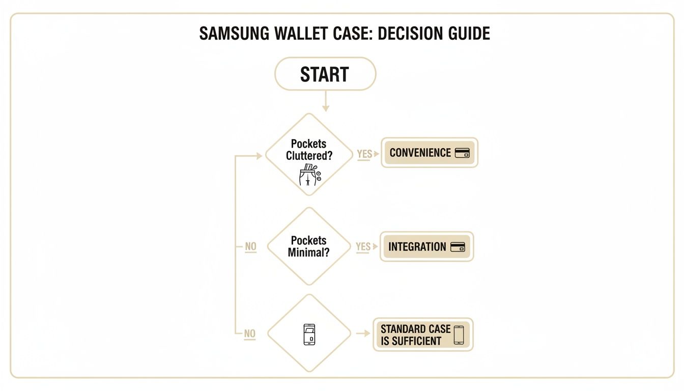 Flowchart decision guide for Samsung wallet case based on pocket clutter and minimalism.