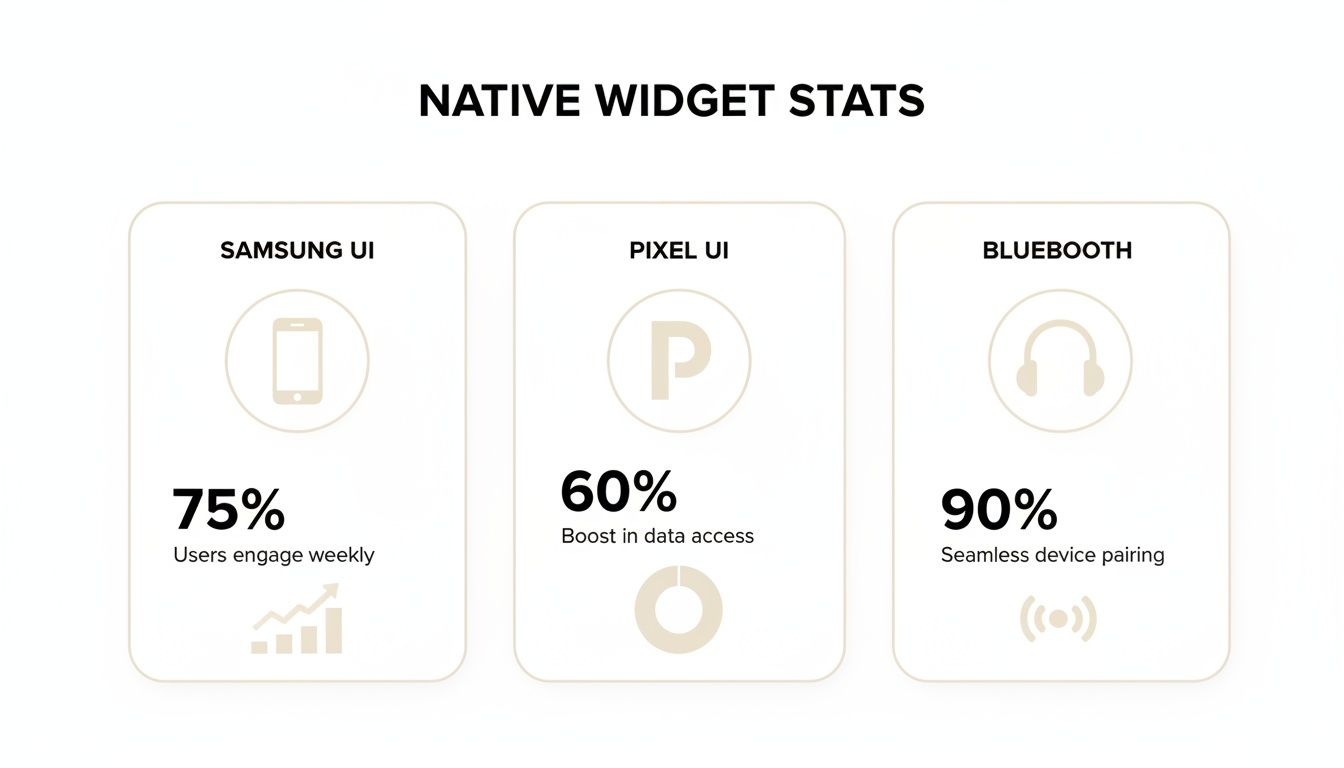 Infographic displaying native widget statistics for Samsung UI, Pixel UI, and Bluetooth device pairing.