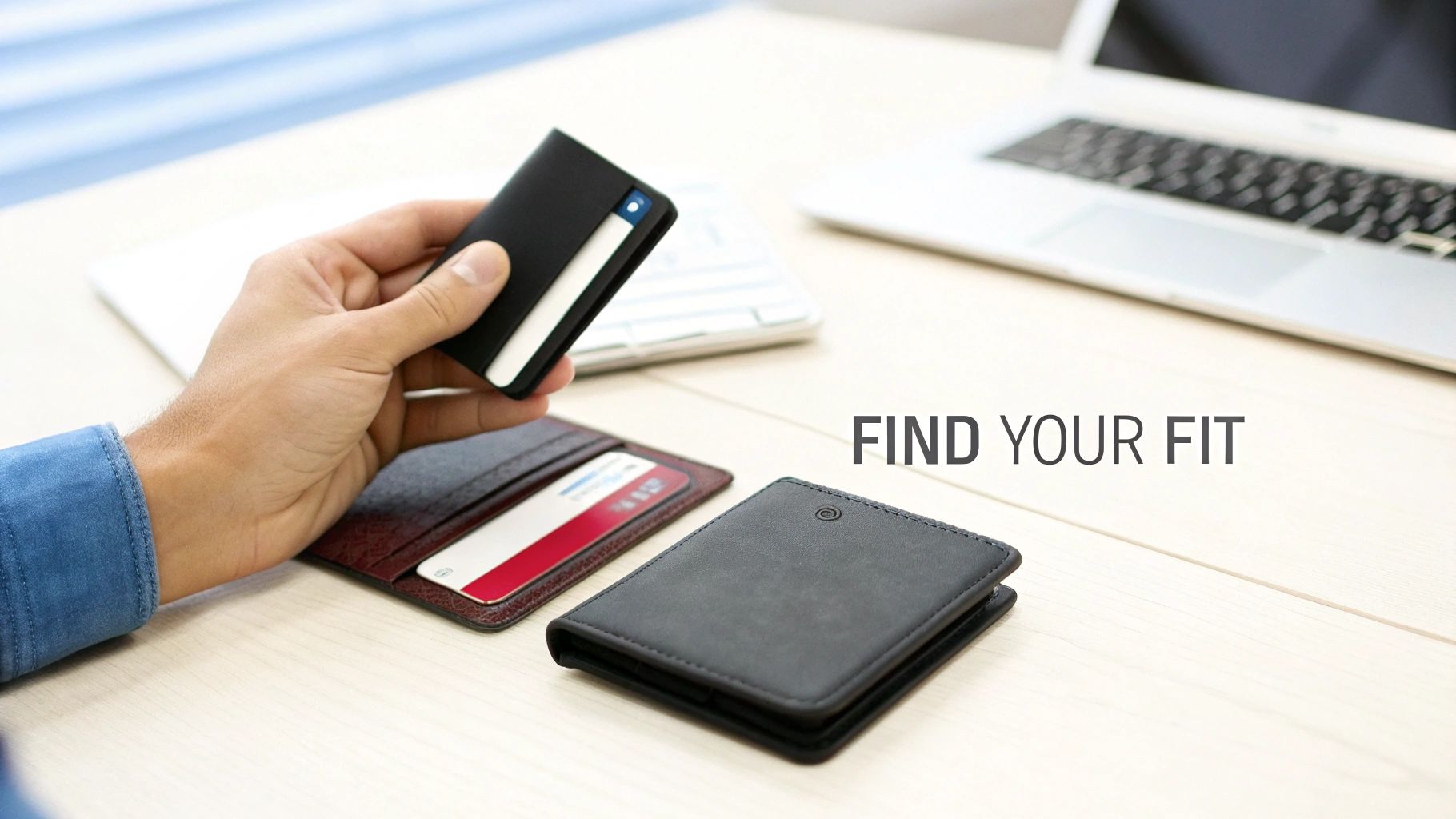 A hand holds a slim black cardholder while two other leather wallets sit on a desk with cards.