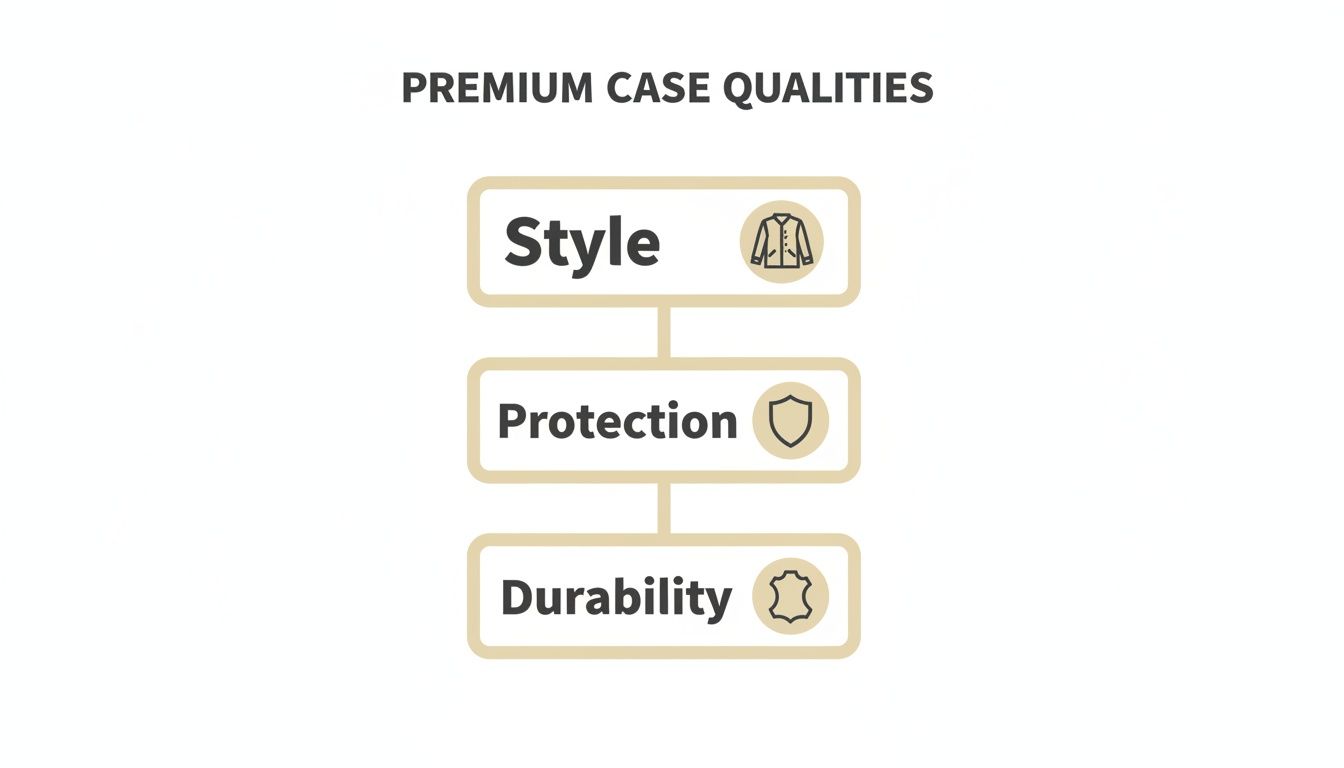 A diagram illustrating premium case qualities: style with a jacket icon, protection with a shield, and durability with a leather icon.