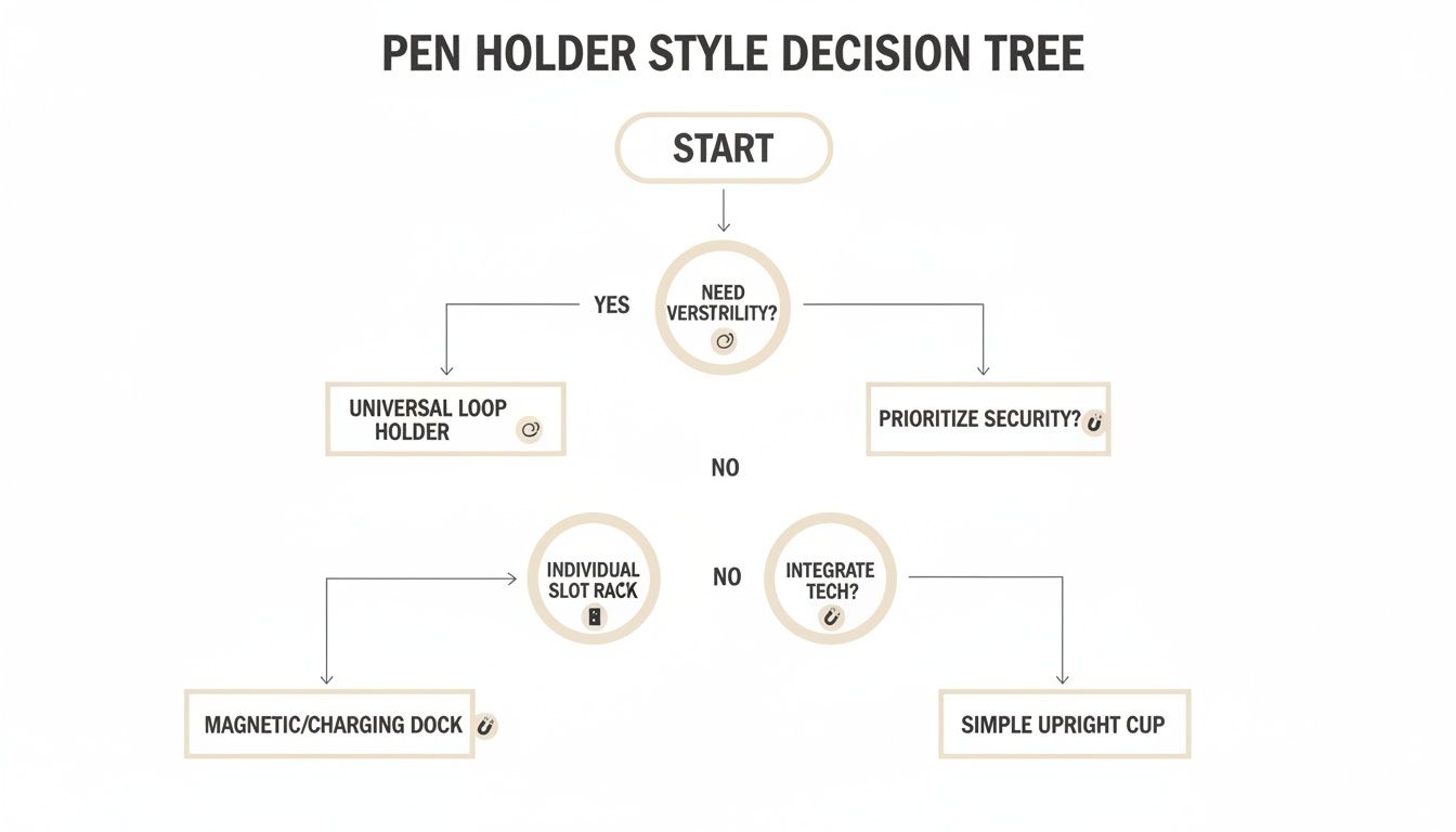 A decision tree flowchart guiding users to choose the ideal pen holder style based on needs.
